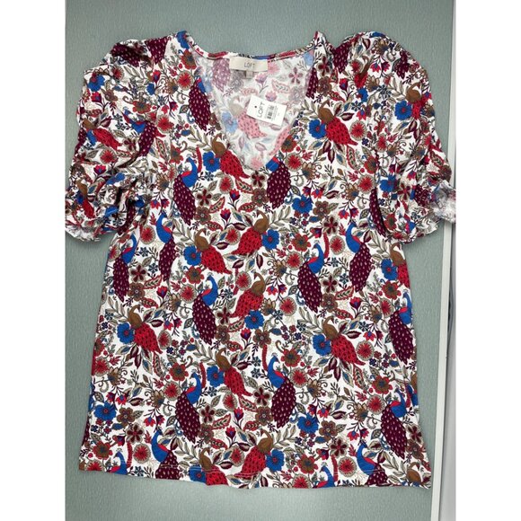 WOMEN LOFT Peacock Ruffle Cinched Sleeve V-Neck Top M - Picture 13 of 15